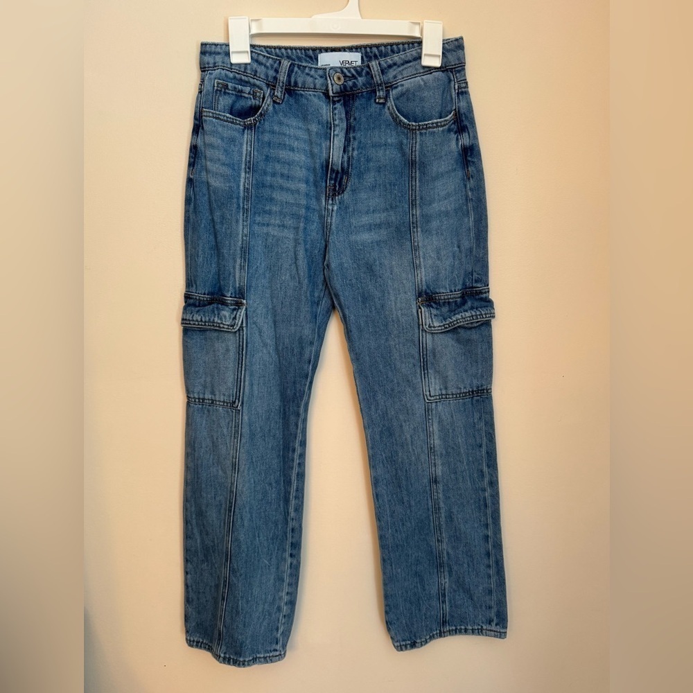 VERVET By Flying Monkey High Rise Dad Cargo Jeans Size 27 Medium Wash Denim